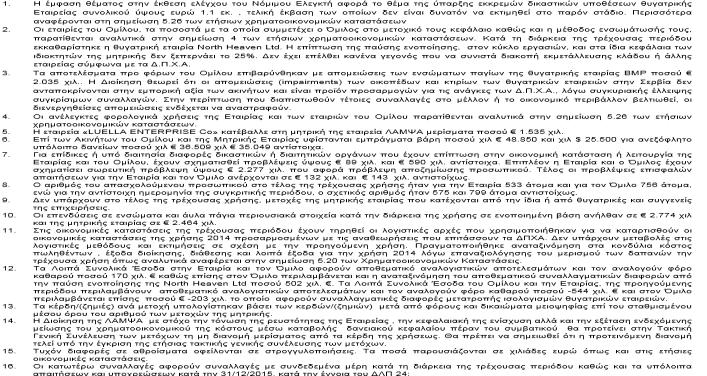 ΠΑΡΑΡΤΗΜΑ «ΕΤΑΙΡΕΙΑ ΕΛΛΗΝΙΚΩΝ ΞΕΝΟΔΟΧΕΙΩΝ ΛΑΜΨΑ Α.Ε.» ΑΡ.Μ.Α.Ε. 06015/006/Β/86/0135 ΑΡΙΘΜΟΣ ΓΕΜΗ 223101000 Βασιλέως Γεωργίου Α1, Τ.Κ. 105 64 Αθήνα Στοιχεία και Πληροφορίες Περιόδου από 1η Ιανουαρίου 2015 έως 31η Δεκεμβρίου 2015 (δημοσιευόμενα βάσει του Κ.