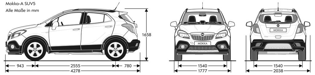 Τεχνικά Χαρακτηριστικά Opel Mokka 6 Mokka, 5θυρο SUV Όλες οι διαστάσεις σε mm Διαστάσεις Διαστάσεις οχήµατος σε mm Μήκος Πλάτος (+/- εξωτερικούς καθρέπτες) Συνολικό ύψος (στο απόβαρο) Μεταξόνιο