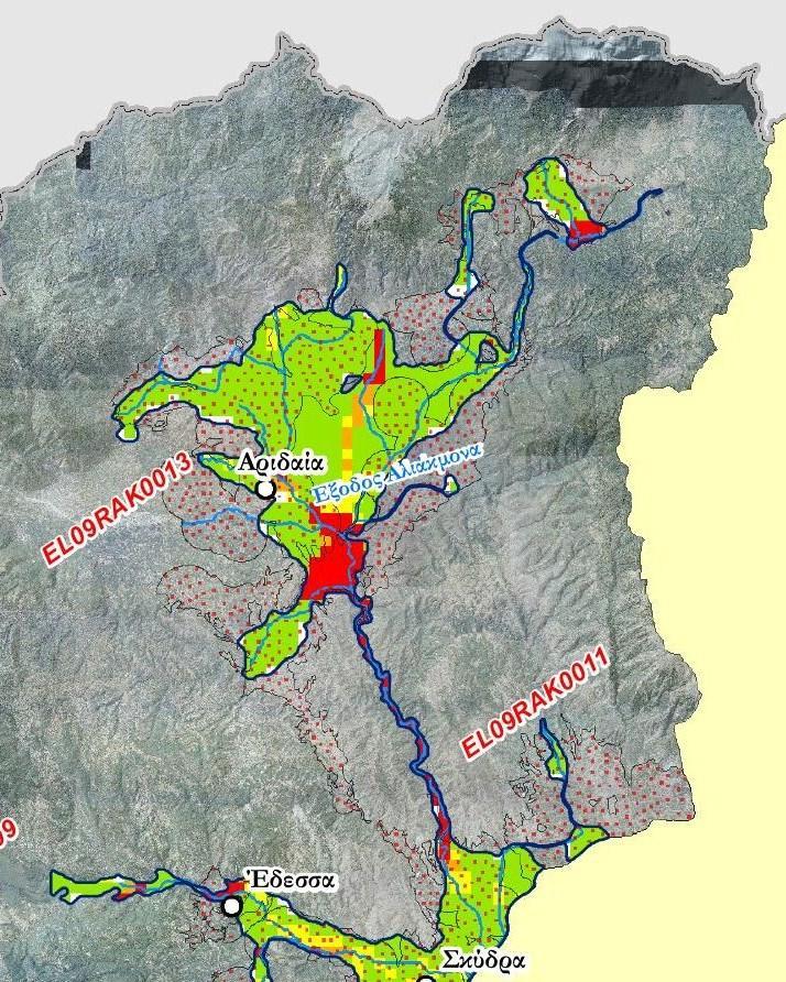 Εικόνα : Χάρτης Επικινδυνότητας Ζώνης EL09RAK0013 για πλημμύρα Τεπ=100έτη 7.2.12 Άνω ρους περιφερειακής τάφρου Τ66 (EL09RAK0011) Η ΖΔΥΚΠ ανήκει στην Ανατολική Λεκάνη Αλμωπίας.