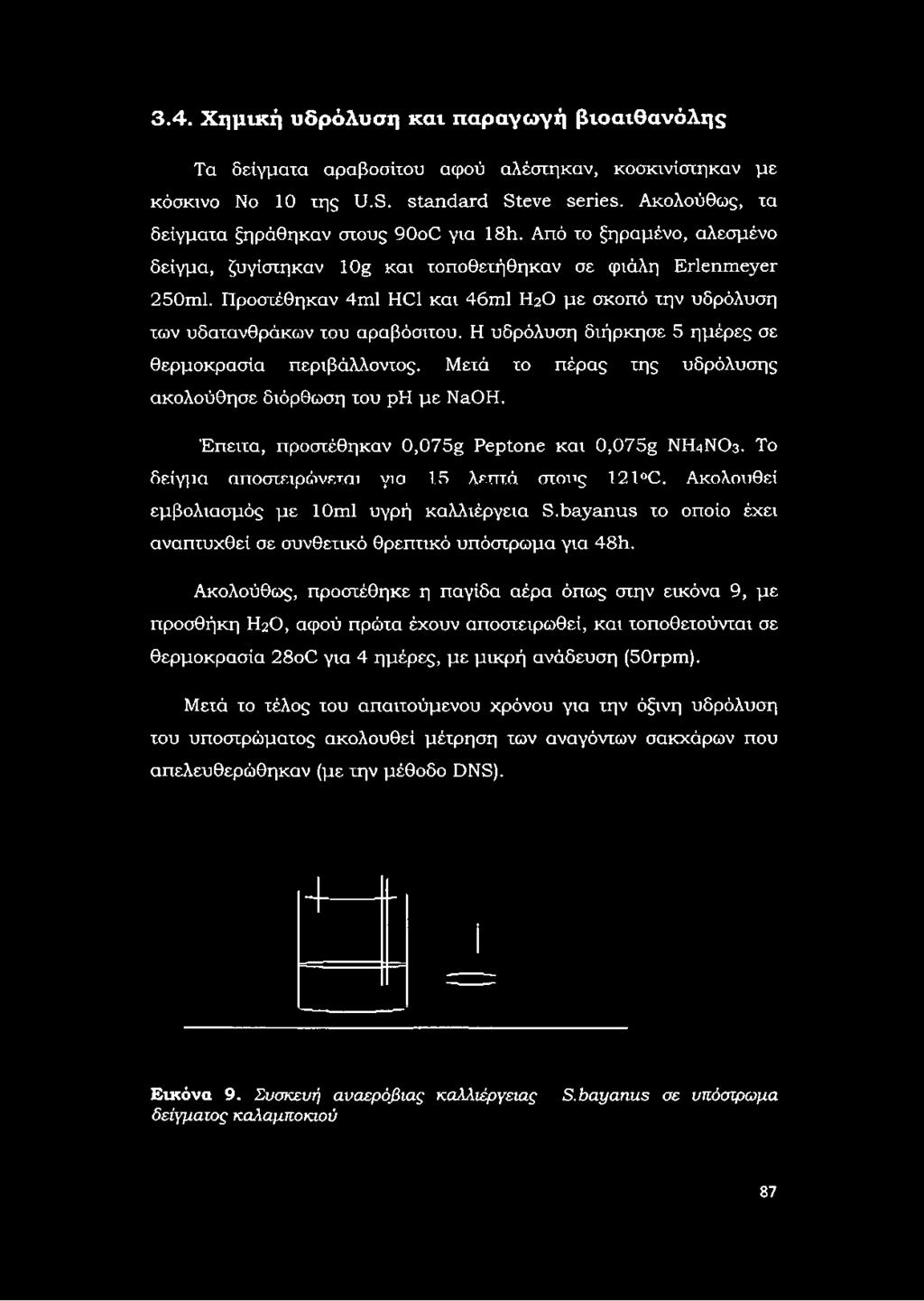 Προστέθηκαν 4ml HCl και 46ml Η2Ο με σκοπό την υδρόλυση των υδατανθράκων του αραβόσιτου. Η υδρόλυση διήρκησε 5 ημέρες σε θερμοκρασία περιβάλλοντος.