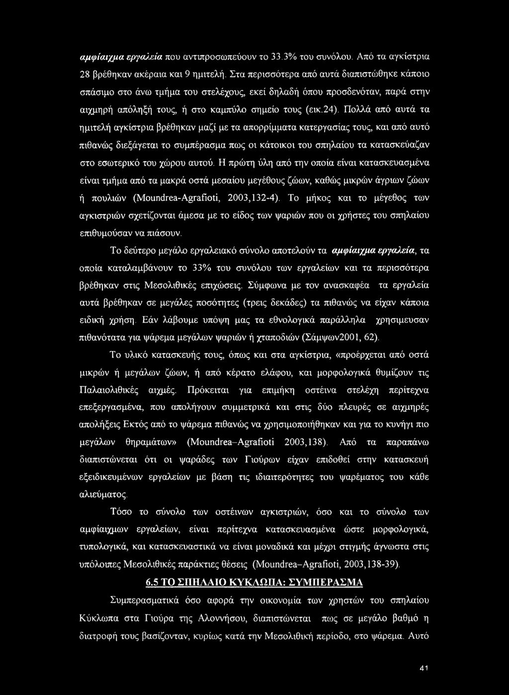 Πολλά από αυτά τα ημιτελή αγκίστρια βρέθηκαν μαζί με τα απορρίμματα κατεργασίας τους, και από αυτό πιθανώς διεξάγεται το συμπέρασμα πως οι κάτοικοι του σπηλαίου τα κατασκεύαζαν στο εσωτερικό του