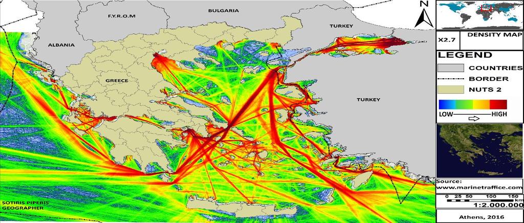 ΠΥΚΝΟΤΗΤΑ ΔΡΟΜΟΛΟΓΙΩΝ ΠΛΟΙΩΝ Χάρτης Χ16, Πυκνότητα δρομολογίων πλοίων για το έτος 2015, www.marinetraffic.