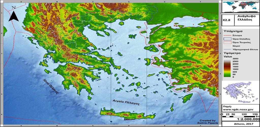 Γεωγραφική & Περιβαλλοντική θεώρηση ΓΕΩΜΟΡΦΟΛΟΓΙΑ Χάρτης Χ8, Οπτικό παρουσίαση του Ελληνικού ανάγλυφου, ιδία επεξεργασία Η γεωμορφολογία του χώρου αποτελεί σημαντικό γνωσιακό παράγοντα για έναν