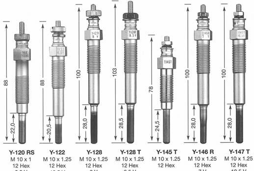 SERIES OF GLOW PLUG (ACTUAL SIZE) Y-120 RS Y-122 Y-128 Y-128 T Y-145 T Y-146 R Y-147 T M 10 x 1 M 10 x 1.25 M 10 x 1.