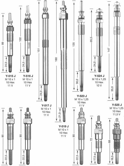 SERIES OF GLOW PLUG (ACTUAL SIZE) Y-515 J Y-516 J M 10 x 1 M 10 x 1 10 Hex 10 Hex 11 V 11 V Y-524 J M 10 x 1.25 10 Hex 10 V Y-517 J M 10 x 1 10 Hex 11 V Y-523 J M 10 x 1.