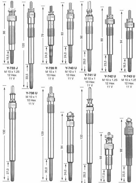 SERIES OF GLOW PLUG (ACTUAL SIZE) Y-733 J M 10 x 1.