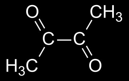 Diacetyl Xημικός Τύπος: C 4 H 6 O 2 Άρωμα: βούτυρο, καραμέλα, ποπ-κορν Συγκεντρώσεις: 8-600 μg/l Όρια αντίληψης: 10-40 μg/l ( τυπικό 20-40μg/L) Πως προκαλείται; Φυσικό υποπροϊον ζύμωσης.