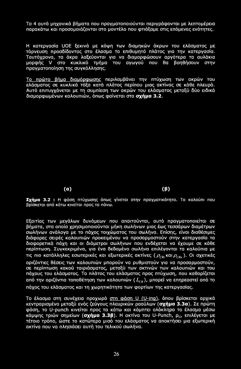 Αυτό επιτυγχάνεται με τη συμπίεση των ακρών του ελάσματος μεταξύ δύο ειδικά διαμορφωμένων καλουπιών, όπως φαίνεται στο σχήμα 3.2. (α) (β) Σχήμα 3.2 : Η φάση πτύχωσης όπως γίνεται στην πραγματικότητα.