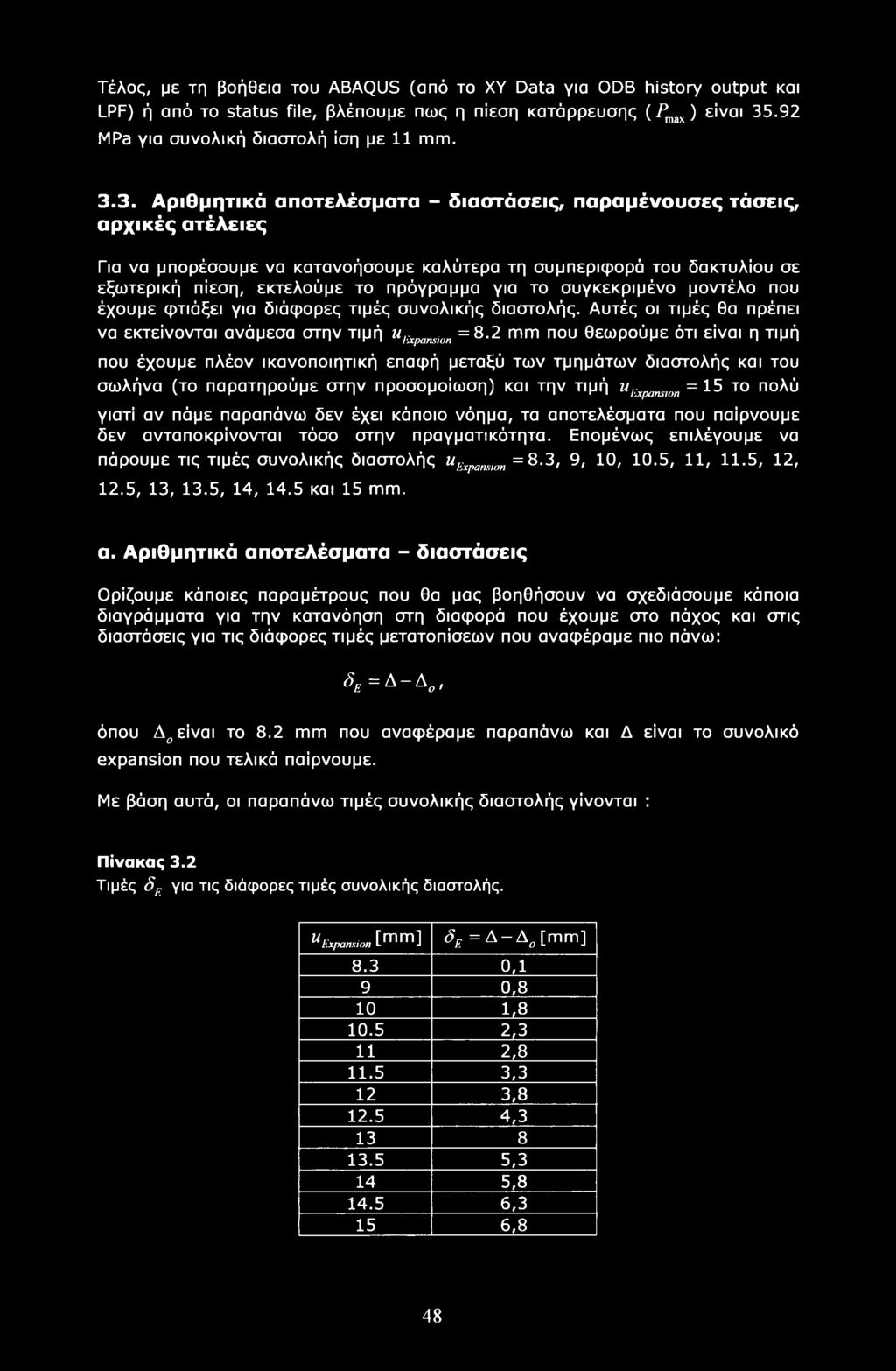 3. Αριθμητικά αποτελέσματα - διαστάσεις, παραμένουσες τάσεις, αρχικές ατέλειες Για να μπορέσουμε να κατανοήσουμε καλύτερα τη συμπεριφορά του δακτυλίου σε εξωτερική πίεση, εκτελούμε το πρόγραμμα για