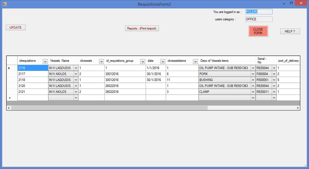 Requisitions Επιλέγοντας το κουμπί Requisitions o χρήστης γραφείου θα μπορεί να εισάγει καινούρια αιτήματα για λογαριασμό των πλοίων της εταιρείας ή να διορθώσει κάποιο αίτημα που είναι ημιτελές.