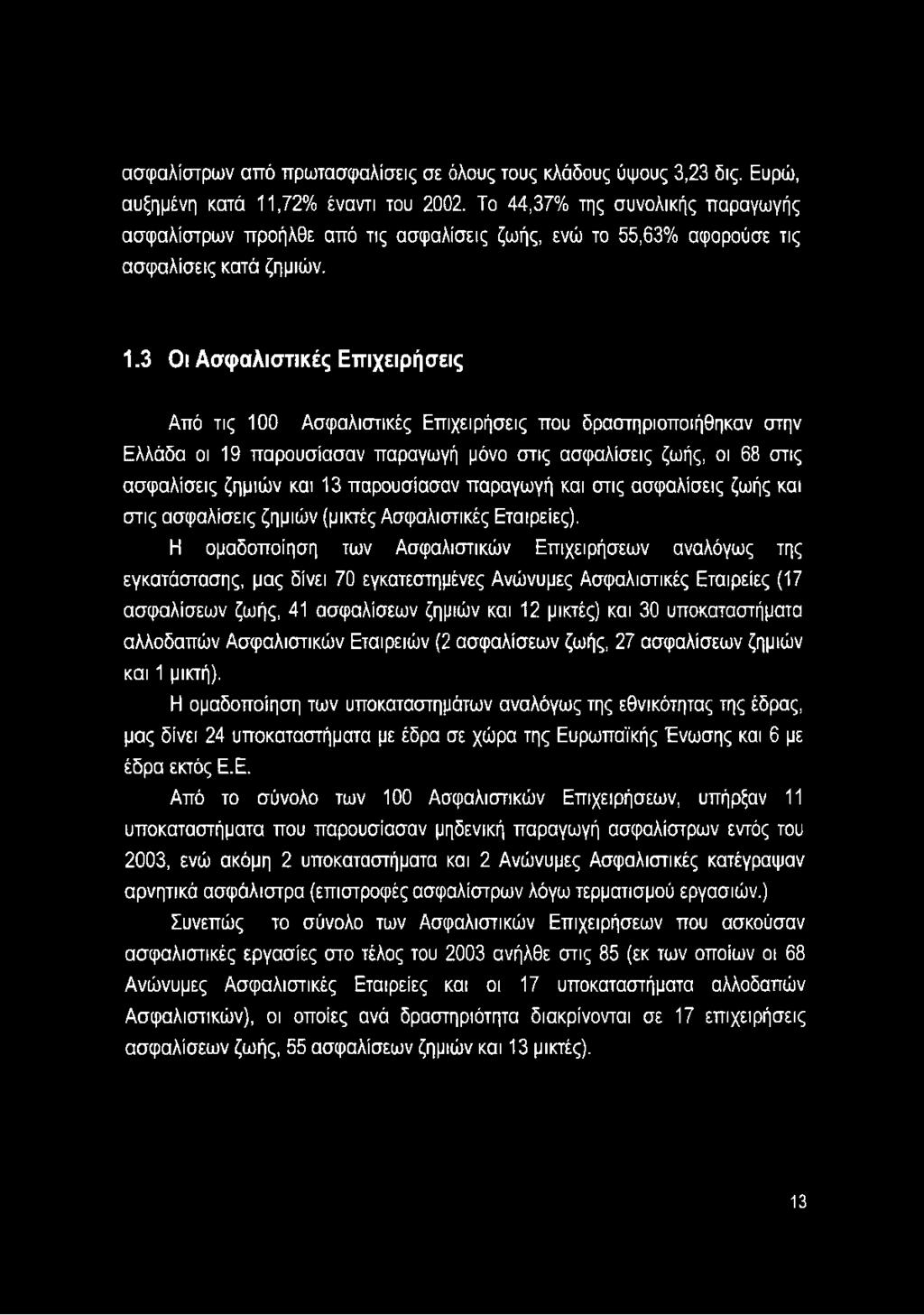 3 Οι Ασφαλιστικές Επιχειρήσεις Από τις 100 Ασφαλιστικές Επιχειρήσεις που δραστηριοποιήθηκαν στην Ελλάδα οι 19 παρουσίασαν παραγωγή μόνο στις ασφαλίσεις ζωής, οι 68 στις ασφαλίσεις ζημιών και 13