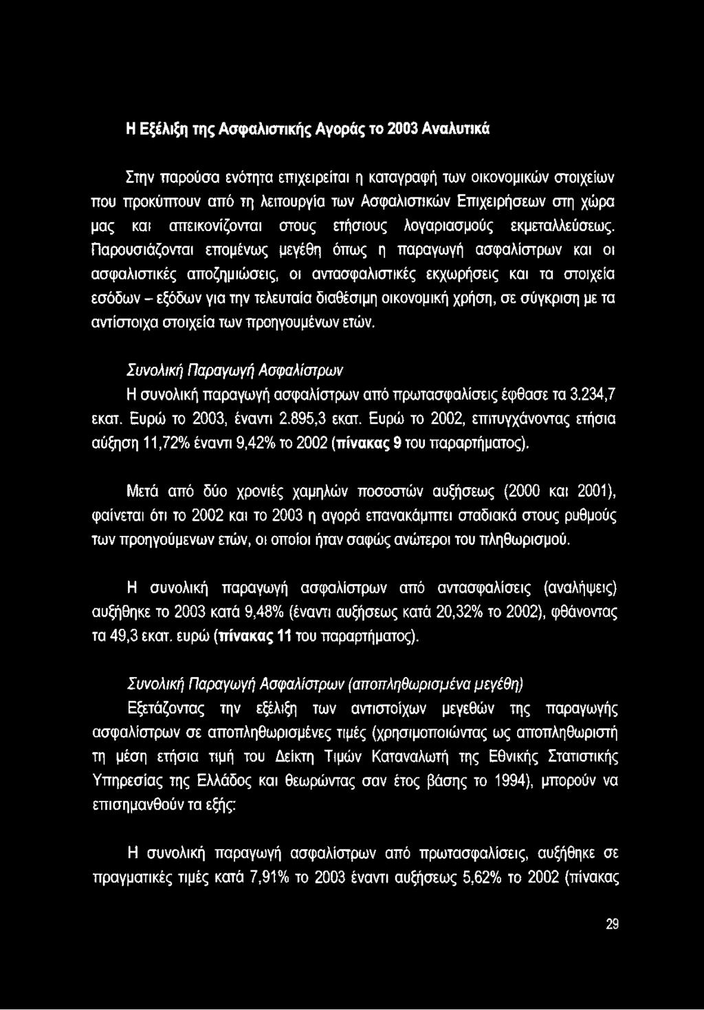 Παρουσιάζονται επομένως μεγέθη όπως η παραγωγή ασφαλίστρων και οι ασφαλιστικές αποζημιώσεις, οι αντασφαλιστικές εκχωρήσεις και τα στοιχεία εσόδων - εξόδων για την τελευταία διαθέσιμη οικονομική