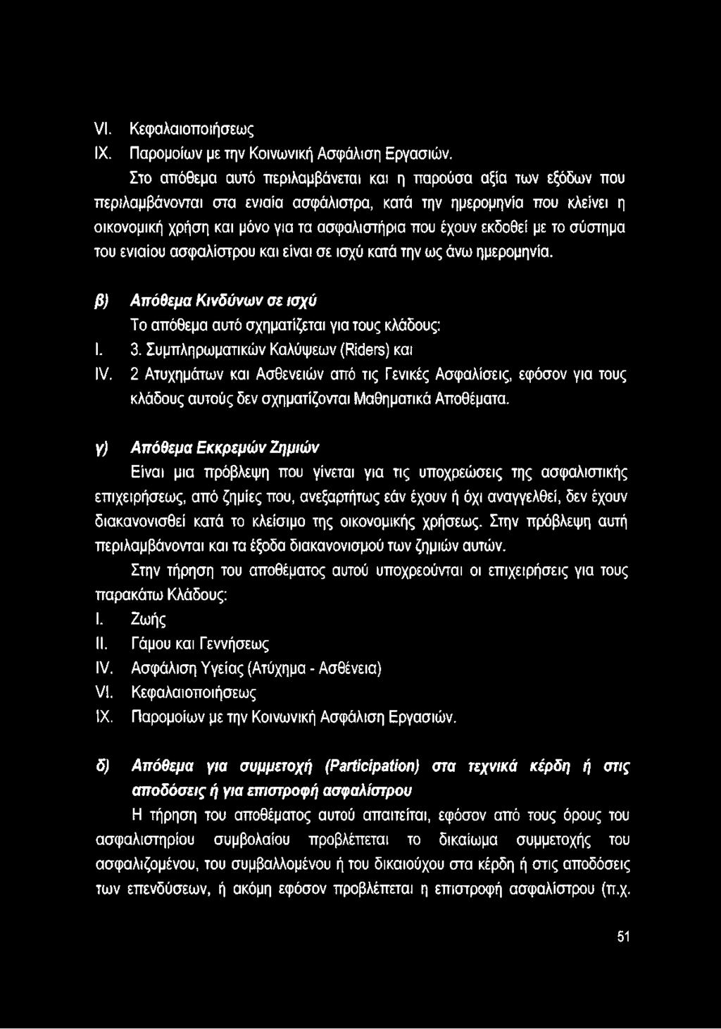 εκδοθεί με το σύστημα του ενιαίου ασφαλίστρου και είναι σε ισχύ κατά την ως άνω ημερομηνία. β ) Α π ό θ εμ α Κ ιν δ ύ ν ω ν σ ε ισ χύ Το απόθεμα αυτό σχηματίζεται για τους κλάδους: I. 3.