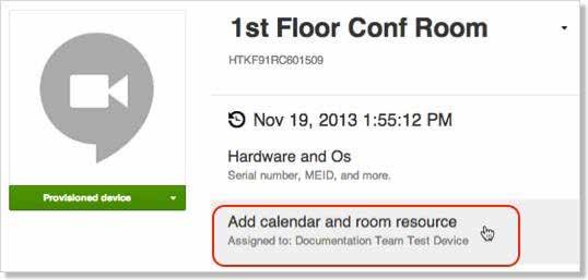 3. Η οθόνη διαχείρισης συσκευών για την συσκευή σας Chromebox for meetings θα εμφανιστεί. Κάντε κλικ στο Add calendar and room resource (Προσθήκη ημερολογίου και πόροι αίθουσας). 4.