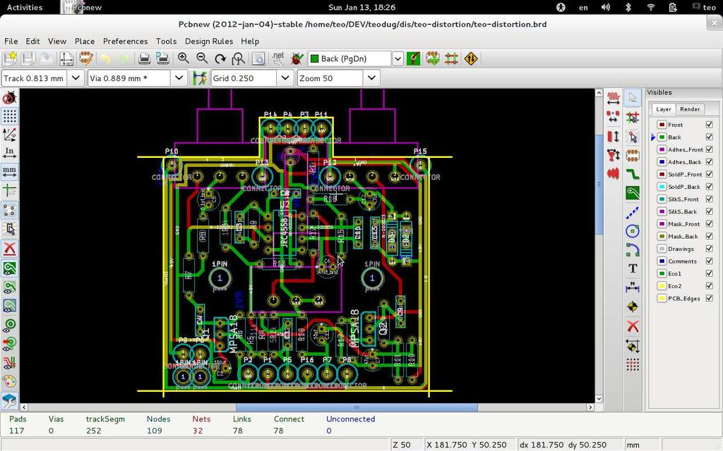 Εικόνα 31: Το PCB κύκλωµα του overdrive στο λογισµικό kicad Αφού ολοκληρωθεί και ελεγχθεί το σχέδιο, στη συνέχεια προχωράµε στην εκτύπωση πάνω στην διαφάνεια.
