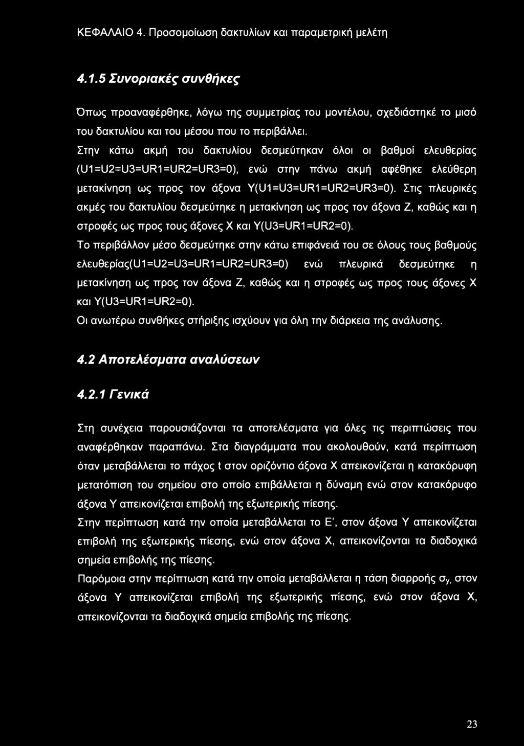 Στην κάτω ακμή του δακτυλίου δεσμεύτηκαν όλοι οι βαθμοί ελευθερίας (U1=U2=U3=UR1=UR2=UR3=0), ενώ στην πάνω ακμή αφέθηκε ελεύθερη μετακίνηση ως προς τον άξονα Y(U1=U3=UR1=UR2=UR3=0).