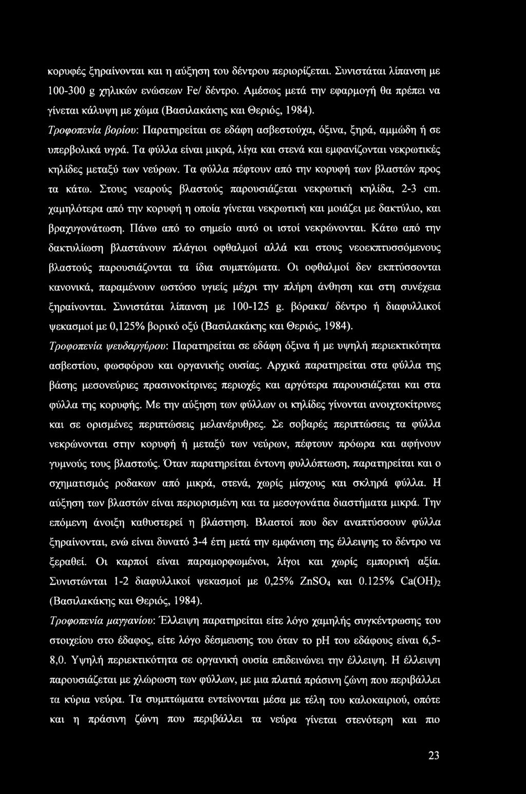 κορυφές ξηραίνονται και η αύξηση του δέντρου περιορίζεται. Συνιστάται λίπανση με 100-300 g χηλικών ενώσεων Fe/ δέντρο.