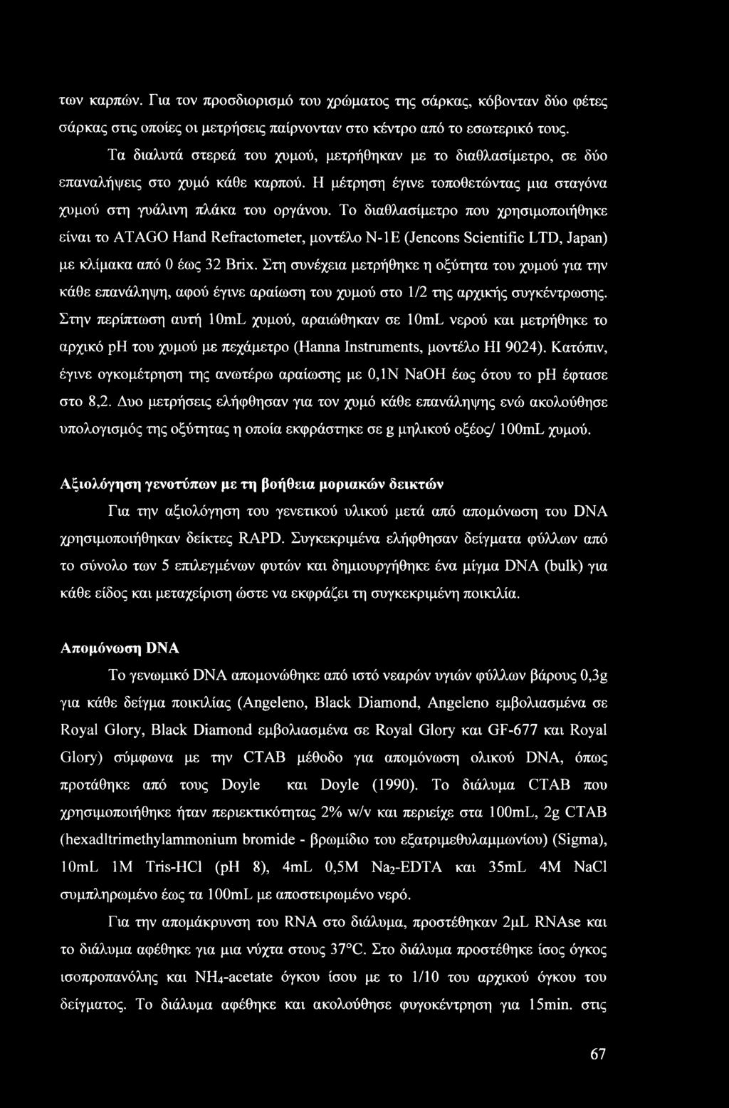 Το διαθλασίμετρο που χρησιμοποιήθηκε είναι το ATAGO Hand Refractometer, μοντέλο Ν-1Ε (Jencons Scientific LTD, Japan) με κλίμακα από 0 έως 32 Brix.