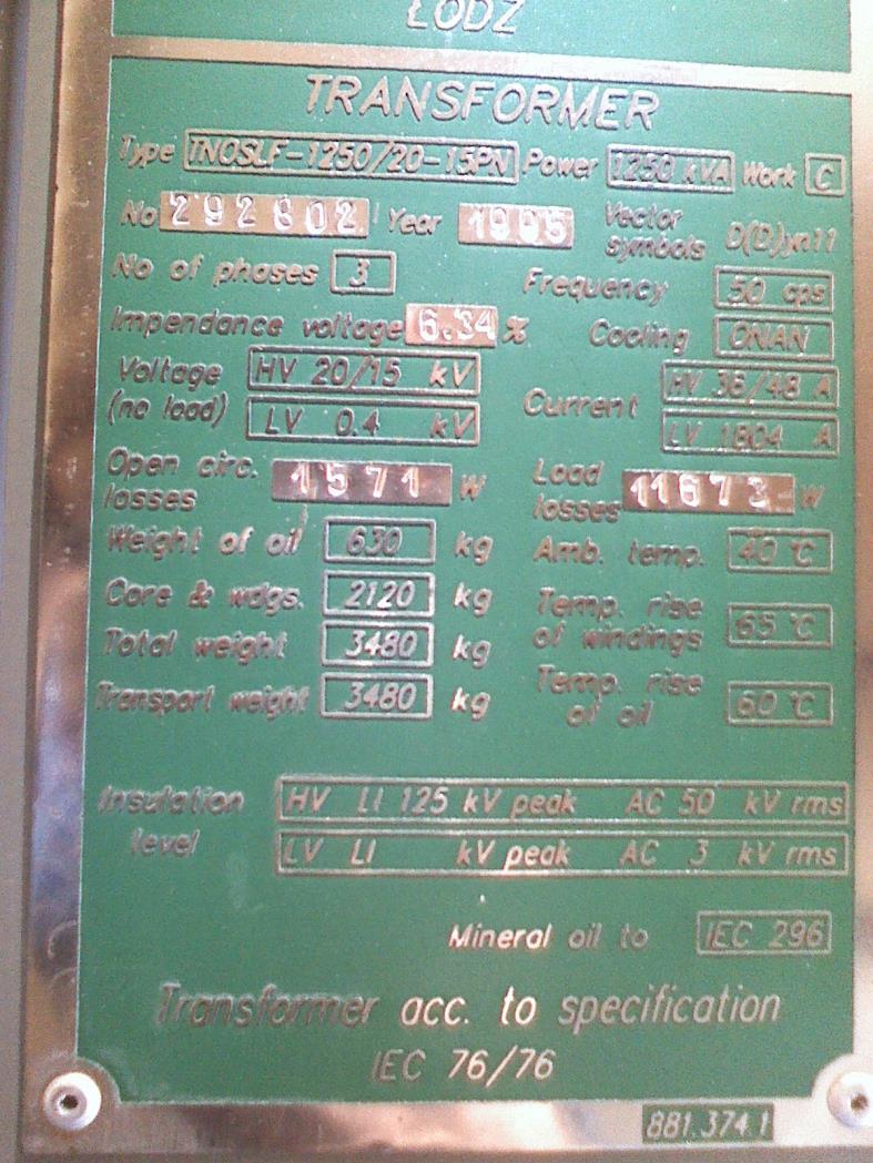 Ρεύμα εισόδου: HV 36/43A Ρεύμα εξόδου: LV 1804A Απώλειες άνευ φορτίου: 1571Watt Απώλειες φορτίου: 11.673Watt Amb. Temp (θερμοκρασία περιβάλλοντος): 40 0 C Temp.