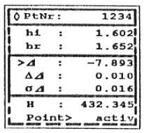 Urmatorii parametrii pot fi vizualizati pentru numarul de punct indicat: - Inaltimea instrumentului si inaltimea reflectorului; - Diferenta de inaltime dintre statie si punctul cunoscut; - Deviatia