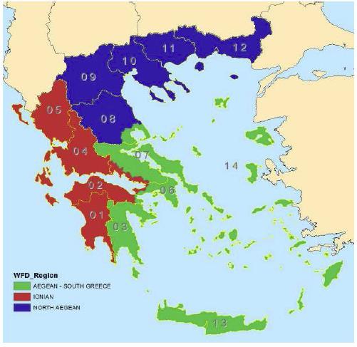 Βορείου Αιγαίου, με συμβολισμό: N, Ιονίων, με συμβολισμό: Ι, Αιγαίου και Νότιας Ελλάδας, με συμβολισμό: S.