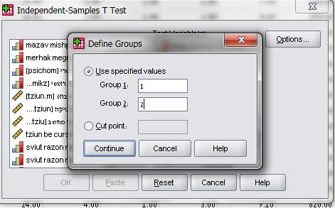 ביצוע המבחן בתוכנת ה Spss הפקודה: ANALYZE > COMPARE MEANS > INDEPENDENT SAMPLES T TEST ואז נפתח החלון הבא: ומכניסים את המשתנה התלוי והמשתנה הבלתי תלוי לחלונות