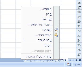 למעשה, עם פתיחת התוכנה נפתחים שלושה גיליונות (כלומר, שלוש טבלאות שונות) במקביל. שם הגיליון שבו אתם עובדים כרגע מודגש בלבן. עם פתיחת התוכנה, זה יהיה תמיד "גיליון 1 ".