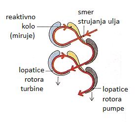 na putu sa rotora turbine na rotor pumpe. Niži broj okreta.