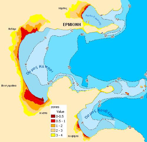 2. Άνοδος θαλάσσιας στάθµης Η συγκεκριµένη µεταβλητή δηµιουργήθηκε αρχικά από τα υψοµετρικά δεδοµένα µε την δηµιουργία των χαµηλών υψοµετρικών ζωνών σε θεµατικά επίπεδα διανυσµατικής µορφής (vector)
