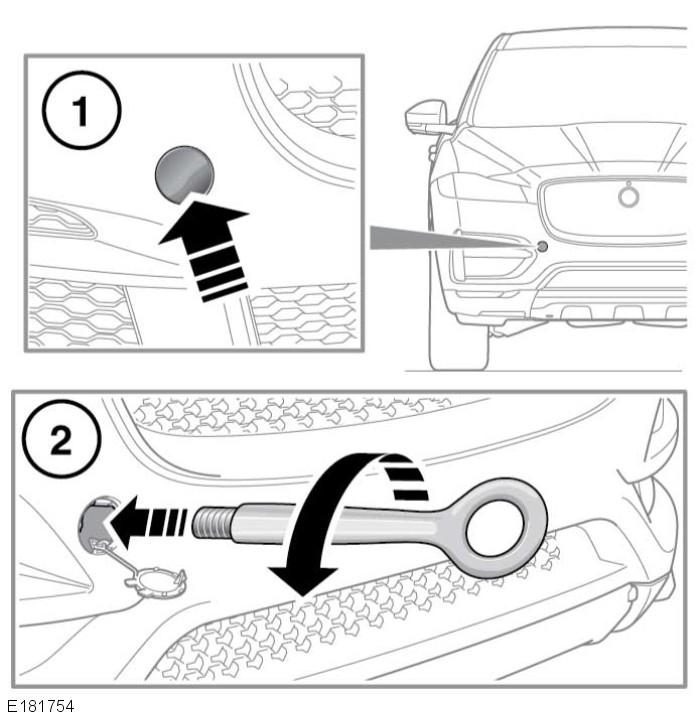 L Ανάσυρση του οχήματος Το μπροστινό σημείο ρυμούλκησης βρίσκεται πίσω από ένα μικρό πλαίσιο πρόσβασης στον μπροστινό προφυλακτήρα. Για να τοποθετήσετε τον κρίκο ρυμούλκησης: 1.