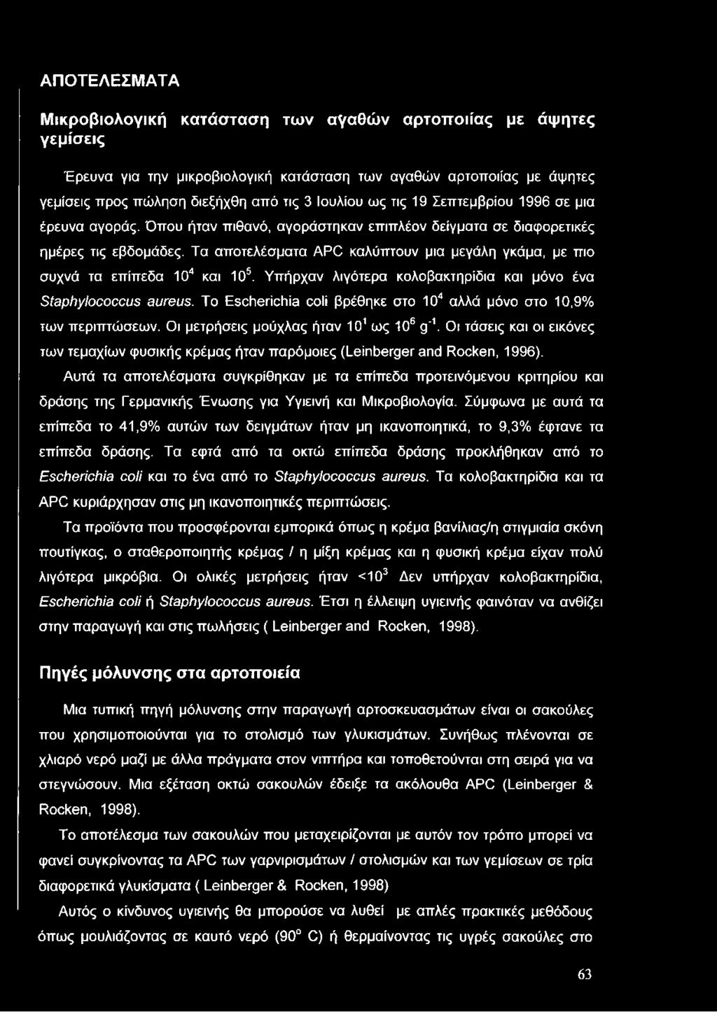 Τα αποτελέσματα APC καλύπτουν μια μεγάλη γκάμα, με πιο συχνά τα επίπεδα 104 και 105. Υπήρχαν λιγότερα κολοβακτηρίδια και μόνο ένα Staphylococcus aureus.