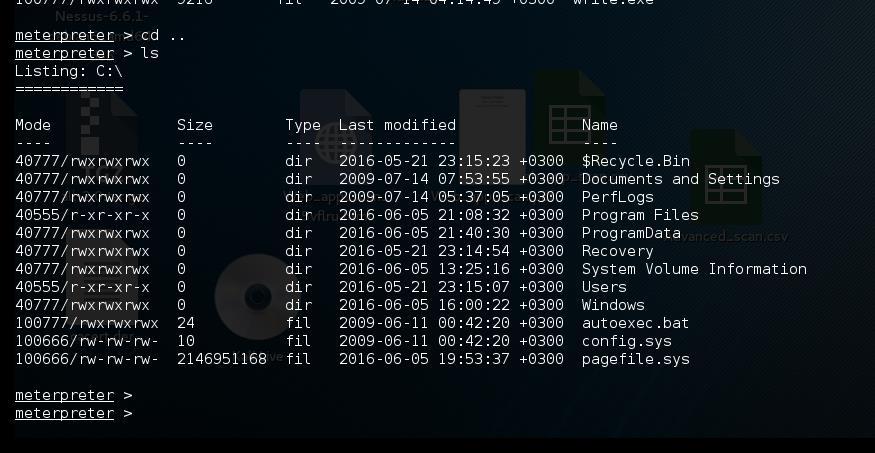 Εικόνα 55. Περιεχόμενα του C directory των Windows Το Snort δεν αναγνώρισε την επίθεση, ακόμα και όταν έγιναν uncomment indicatorshellcode.