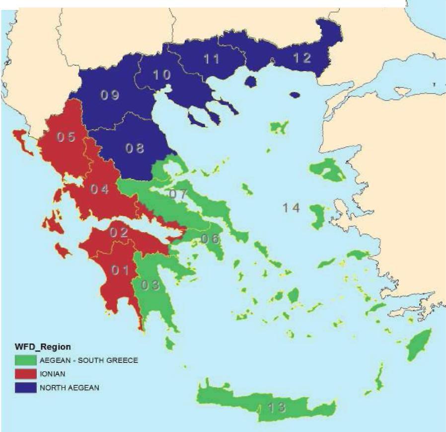 Σχήμα 5-1: Όρια βιογεωγραφικών περιοχών της Ελλάδας και αντιστοίχηση με τα Υδατικά Διαμερίσματα Το Υδατικό Διαμέρισμα Αττικής ανήκει κατά το μεγαλύτερο τμήμα του στην βιογεωγραφική περιοχή Αιγαίου