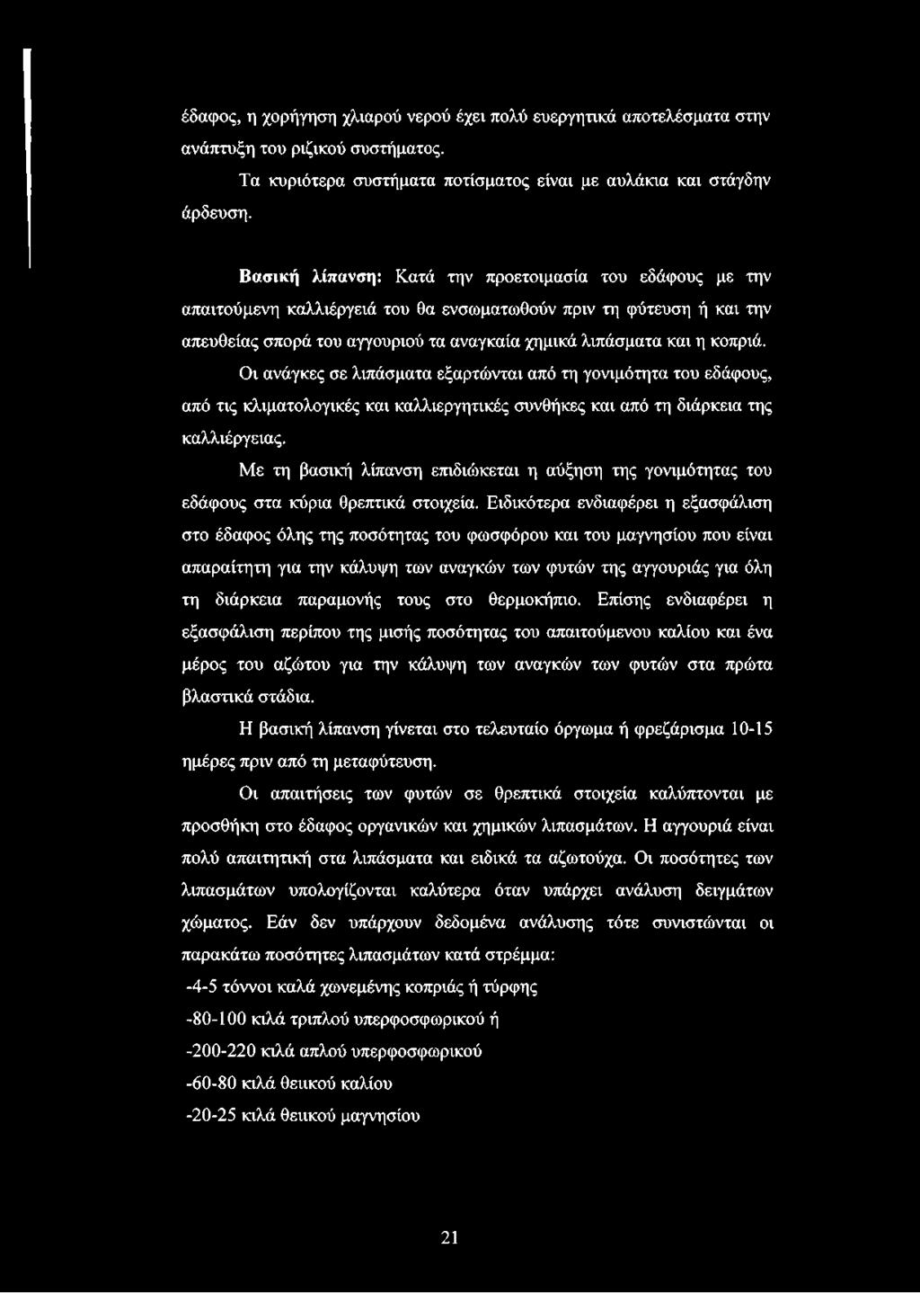 Οι ανάγκες σε λιπάσματα εξαρτώνται από τη γονιμότητα του εδάφους, από τις κλιματολογικές και καλλιεργητικές συνθήκες και από τη διάρκεια της καλλιέργειας.
