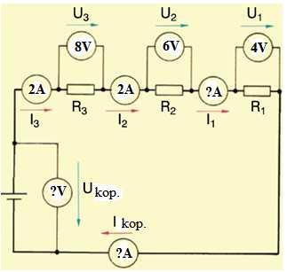 38. att. Patērētāju virknes slēgums 1) Noskaidrosim AKB spriegumu. 1. U = U 1 + U 2 + U 3 +... + U n 2. U kop. = 4 + 6 + 8 = 18V 3. U kop. = 18V 2) Noskaidrosim ķēdē plūstošo strāvas stiprumu. 1. I = I 1 = I 2 = I 3 =.