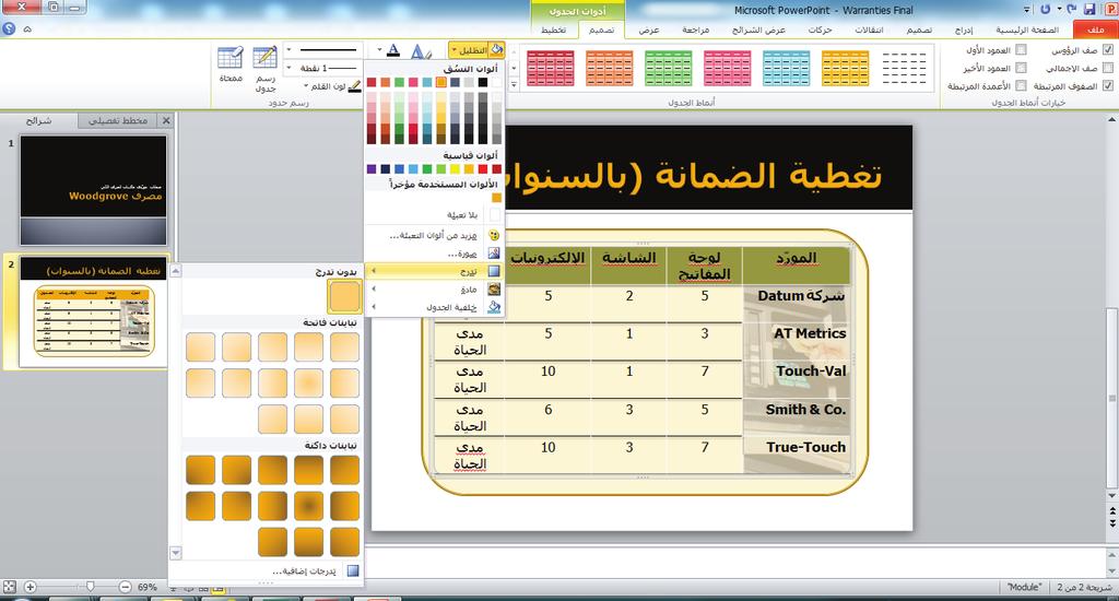 إضافة جداول إلى الشرائح 179 خطوةبخطوة إضافة تظليل إلى الخاليا يتوفر الملف Warranties على موقع ويب المرافق للكتاب أو على موقع.WileyPLUS استعد. إلضافة تظليل إلى الخاليا قم باإلجراءات التالية:.