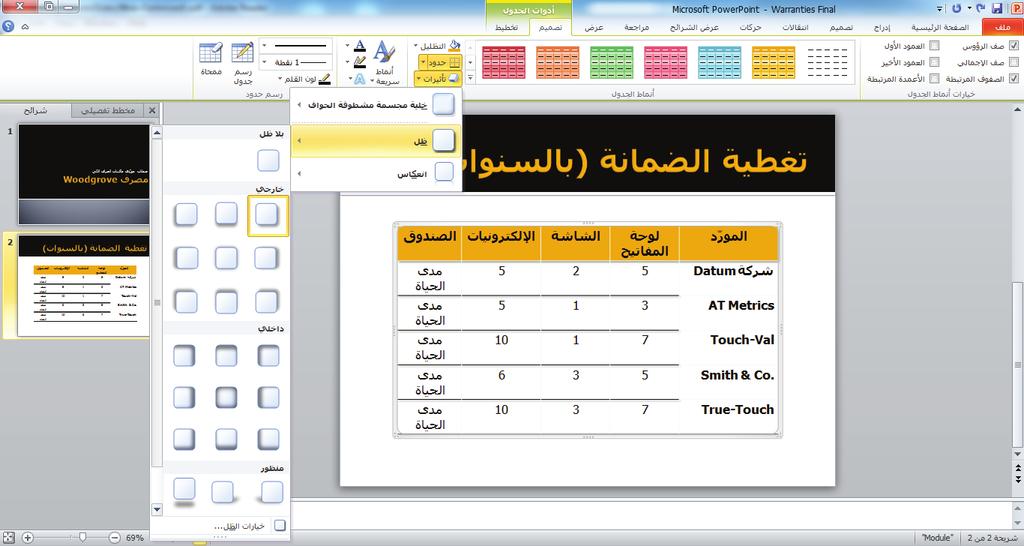 إضافة جداول إلى الشرائح 181 الحظ أنه بإمكانك أيضا اختيار حدود قطرية من القائمة "حدود".