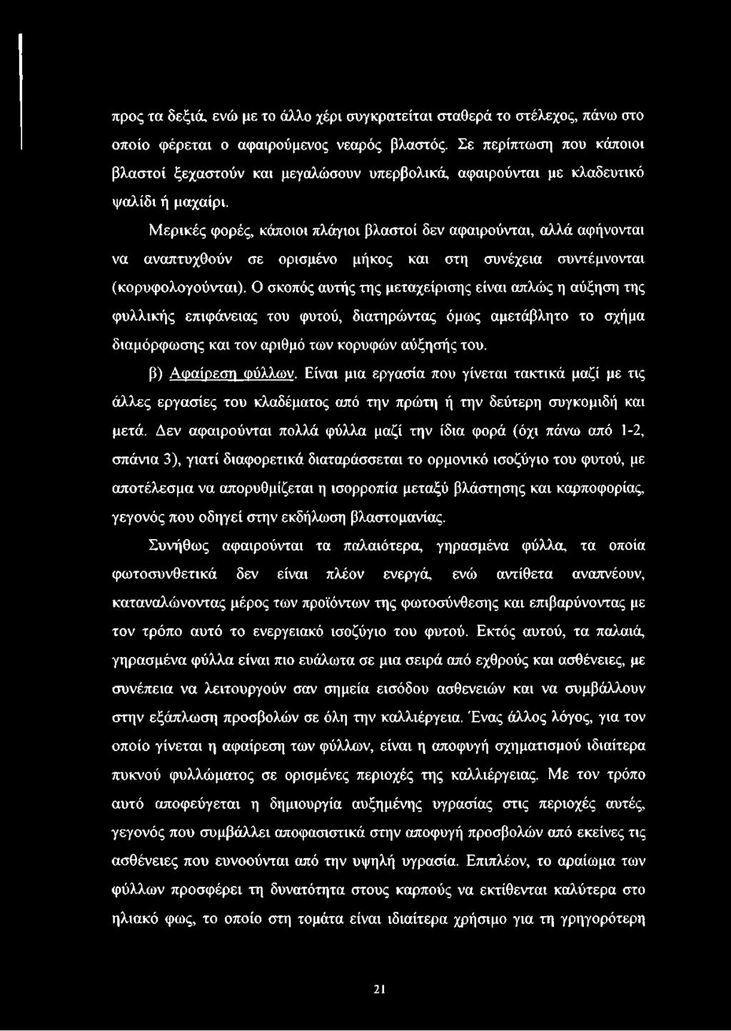 Μερικές φορές, κάποιοι πλάγιοι βλαστοί δεν αφαιρούνται, αλλά αφήνονται να αναπτυχθούν σε ορισμένο μήκος και στη συνέχεια συντέμνονται (κορυφολογούνται).