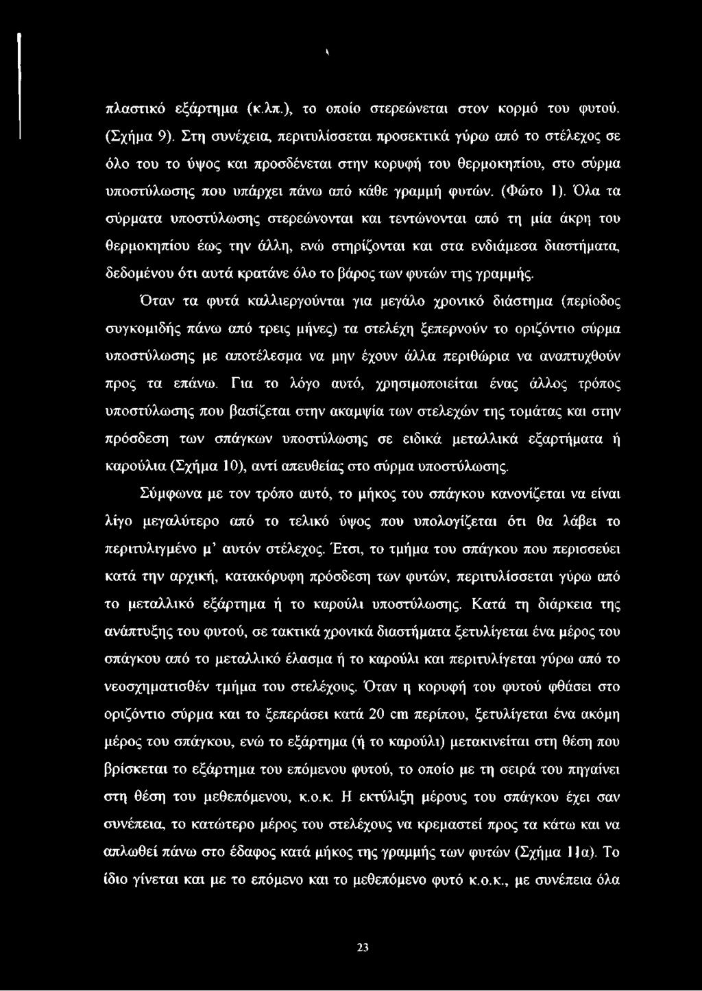 Όλα τα σύρματα υποστύλωσης στερεώνονται και τεντώνονται από τη μία άκρη του θερμοκηπίου έως την άλλη, ενώ στηρίζονται και στα ενδιάμεσα διαστήματα, δεδομένου ότι αυτά κρατάνε όλο το βάρος των φυτών