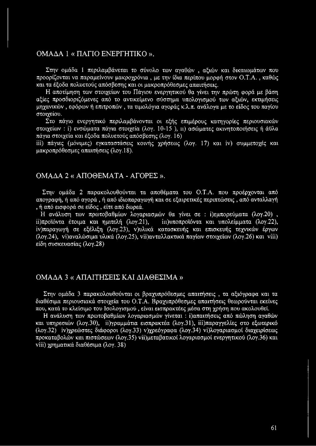 τιμολόγια αγοράς κ.λ.π. ανάλογα με το είδος του παγίου στοιχείου. Στο πάγιο ενεργητικό περιλαμβάνονται οι εξής επιμέρους κατηγορίες περιουσιακών στοιχείων : ί) ενσώματα πάγια στοιχεία (λογ.