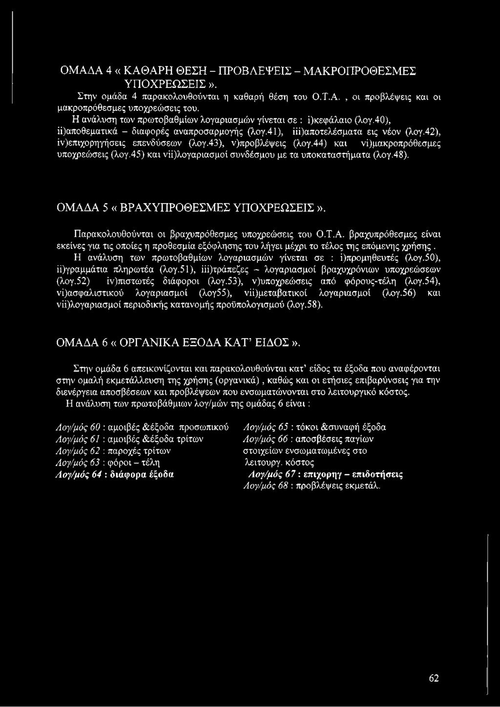 43), ν)προβλέψεις (λογ.44) και νί)μακροπρόθεσμες υποχρεώσεις (λογ.45) και νίί)λογαριασμοί συνδέσμου με τα υποκαταστήματα (λογ.48). ΟΜΑΔΑ 5 «ΒΡΑΧΥΠΡΟΘΕΣΜΕΣ ΥΠΟΧΡΕΩΣΕΙΣ».