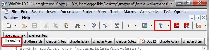 5.2. Compilation 53 Σχήμα 5.35: Στην εικόνα αυτή φαίνεται πως κάνουμε στο κείμενο μας compile. Αφού έχουμε αποθηκεύσει οποιεσδήποτε αλλαγές, πάμε στο κεντρικό μας αρχείο, δηλαδη στο thesis.