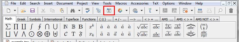 5.8. Εισαγωγή συμβόλων 61 Σχήμα 5.39: Για να εισάγουμε μαθηματικά σύμβολα στο LaTeX, πρέπει να πατήσουμε στο εικονίδιο που βρίσκεται στο κόκκινο τετραγωνάκι της εικόνας. 1. Πρώτο αντικείμενο 2.