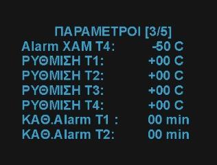 ΠΡΟΓΡΑΜΜΑΤΙΣΜΟΣ ΤΩΝ ΠΑΡΑΜΕΤΡΩΝ Μετά την επιτυχημένη εισαγωγή του κωδικού πρόσβασης, ακολουθεί η οθόνη: Με τα βελάκια μετακινούμαστε μέσα στο μενού των παραμέτρων (συνολικά 5 οθόνες) και αλλάζουμε την