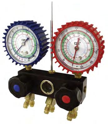 M2-2-DELUXE-DS-CO2 Manifold with oil filled gauges, hook, 3 charging lines 1/4 SAE, blue, red and yellow, length 36 inches-90cm packed in a