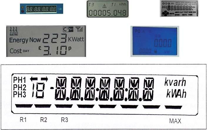 Слика 3.8. Изглед неколико LC дисплеја савремених електронских бројила Осим приказног уређаја, на електронском бројилу је потребно да постоји и склоп, тј.