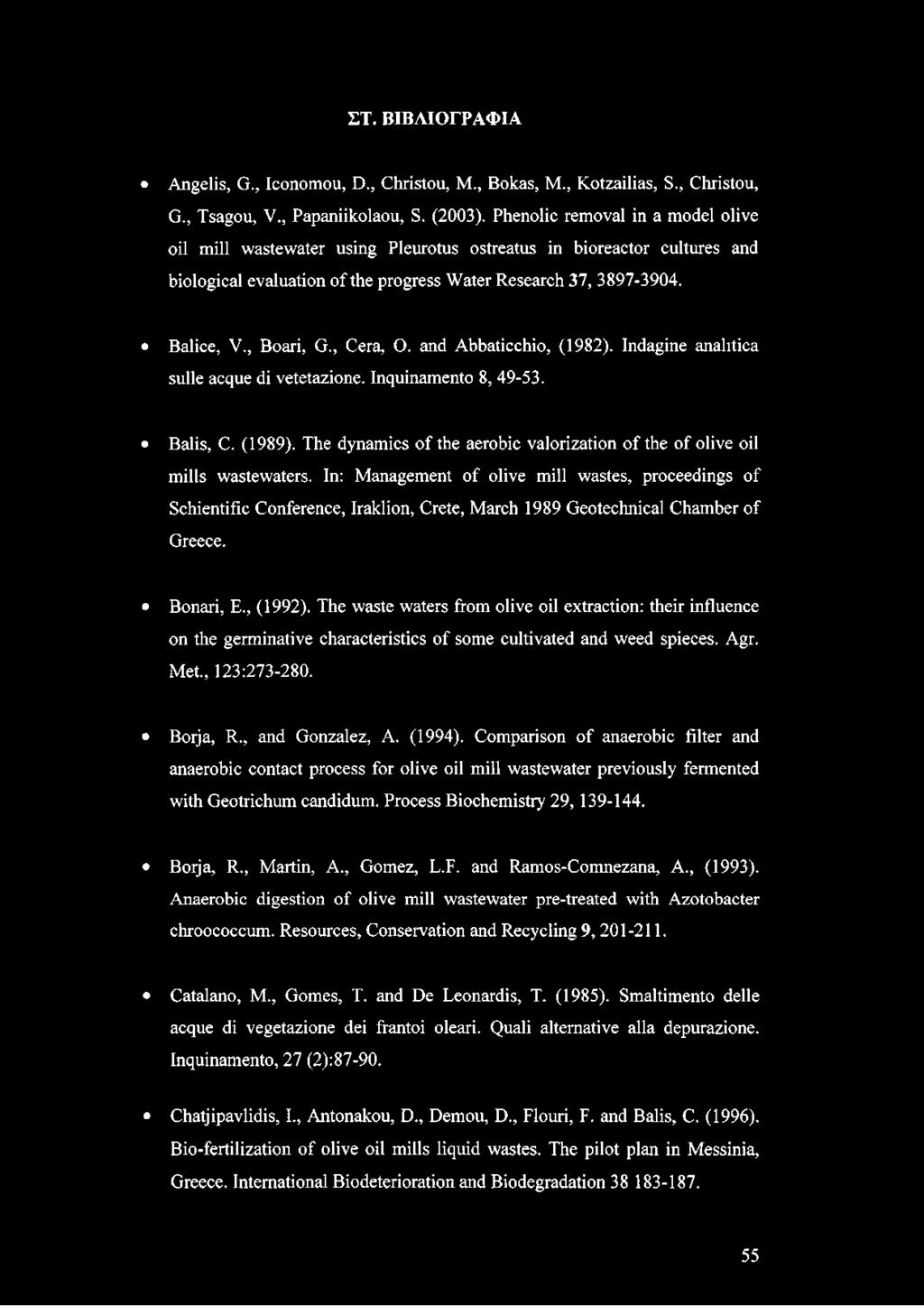 , Cera, O. and Abbaticchio, (1982). Indagine analítica sulle acque di vetetazione. Inquinamento 8, 49-53. Balis, C. (1989).