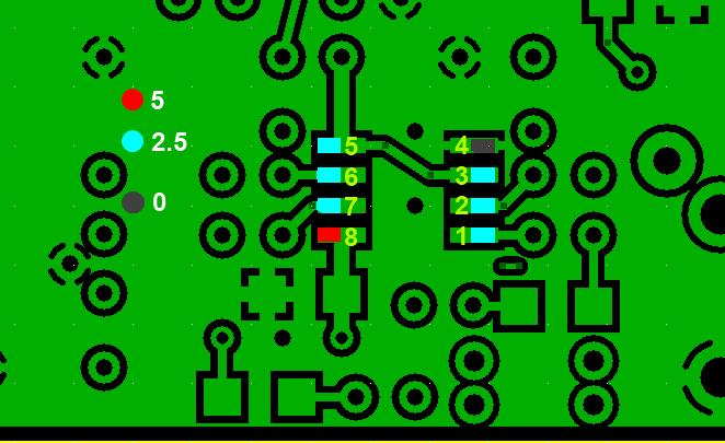 5V 2.53V Pins 2 and 14 (1/2 of 5V rail) 2.5V 2.53V Pin 8 (gnd - /QSD EN, installed in Power Supply Stage) 0V 2.53V Pin 16 (5 V rail) 5V 5.