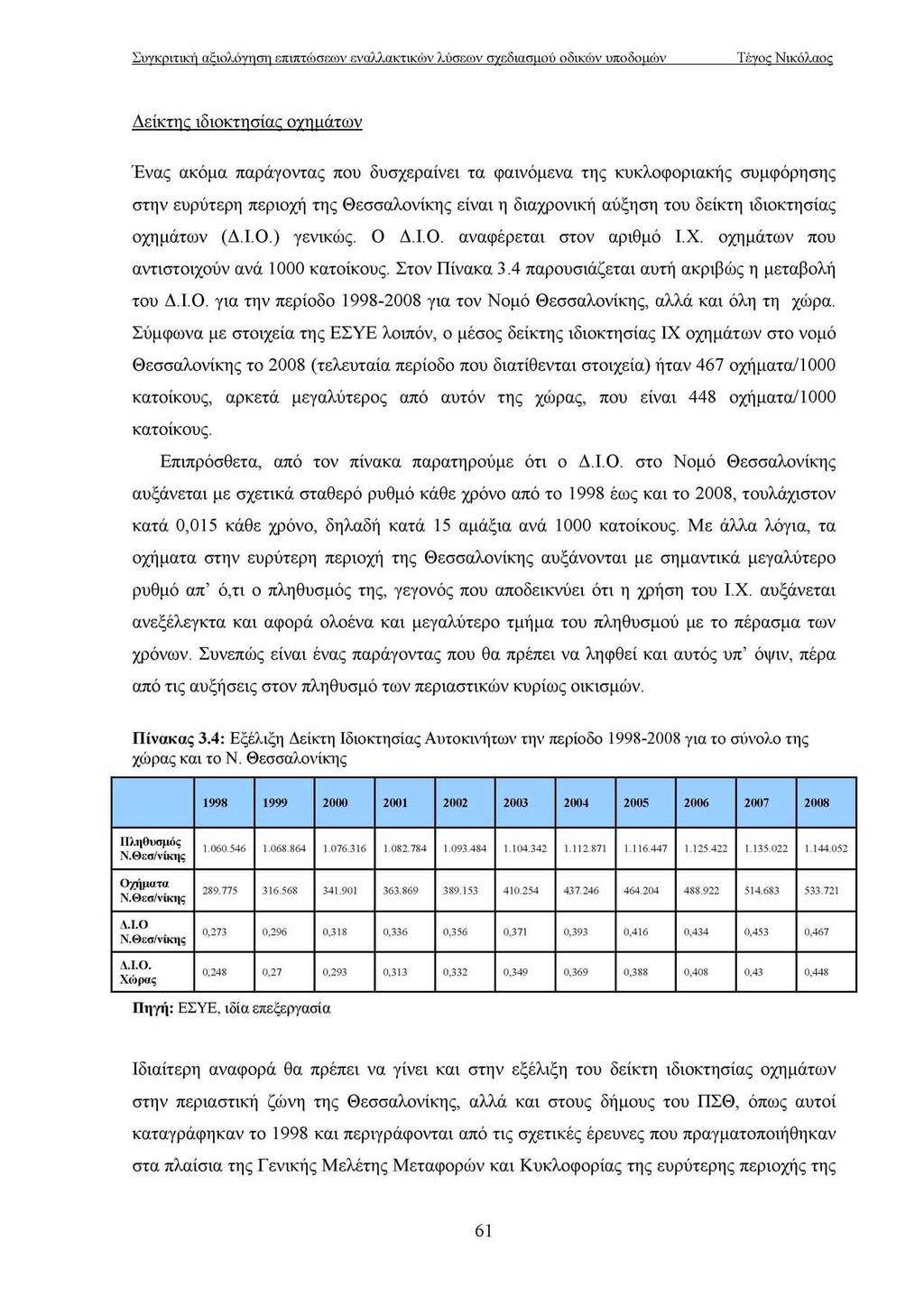 Δείκτης ιδιοκτησίας οχημάτων Ένας ακόμα παράγοντας που δυσχεραίνει τα φαινόμενα της κυκλοφοριακής συμφόρησης στην ευρύτερη περιοχή της Θεσσαλονίκης είναι η διαχρονική αύξηση του δείκτη ιδιοκτησίας