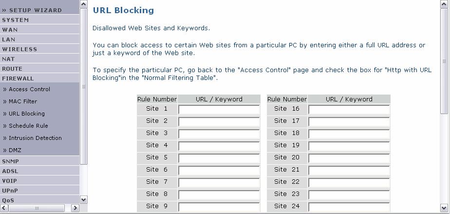 Μενού FIREWALL, Συνέχεια NetFasteR IAD 2 Φίλτρο URL Το φίλτρο URL επιτρέπει στο χρήστη να εµποδίσει τη πρόσβαση σε κάποιες τοποθεσίες web µε τη καταχώρηση είτε µιας πλήρης διεύθυνσης URL είτε µόνο